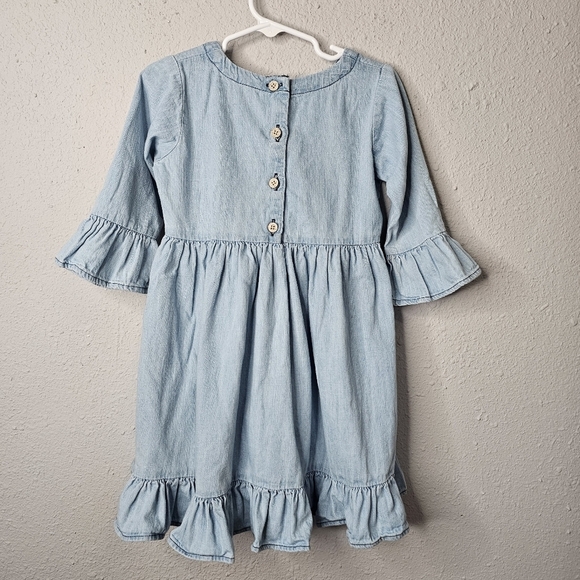 RuffleButts Top Toddler Girl 4T Blue Denim Chambray Ruffle Hi‎ Low Bell Sleeve - Picture 9 of 14